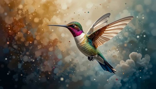 A vibrant hummingbird soars gracefully, its wings spread wide, set against a backdrop of soft
