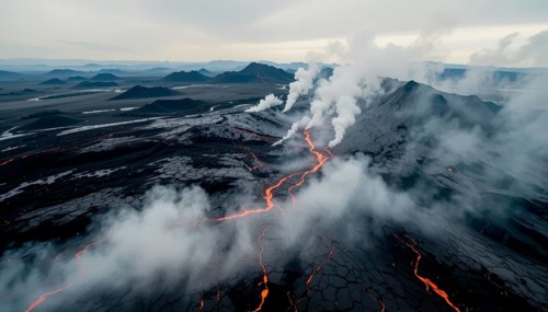 Dramatic aerial shot captures a volcanic eruption, showcasing molten lava rivers and plumes of