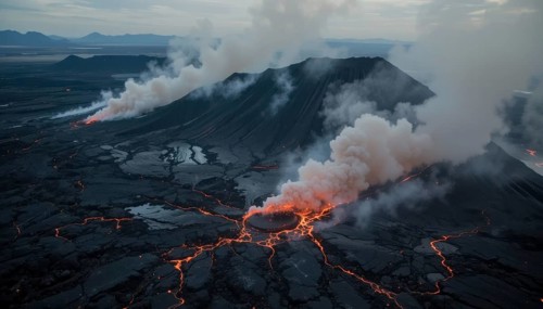 An aerial view captures a volcanic eruption, showcasing molten lava flows and billowing smoke