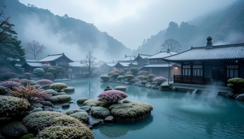 A tranquil scene unfolds in a Japanese garden, featuring traditional buildings, a serene pond, and