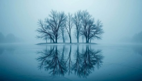 Bare trees stand on a small island, their reflections mirrored in the still water of a lake
