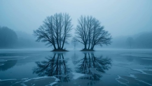 Two large trees stand on small islands in a frozen lake, their reflections mirrored in the icy