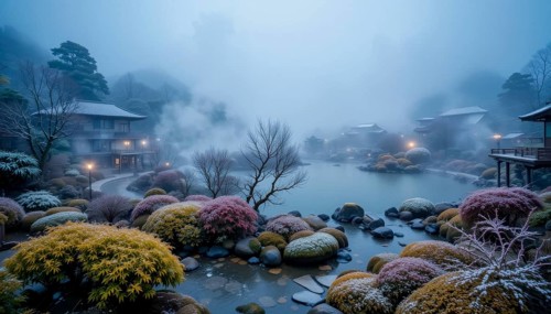 A tranquil winter scene unfolds in a Japanese garden, featuring traditional buildings, a peaceful