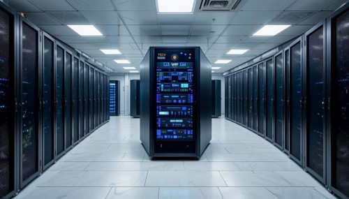 A modern data center showcases rows of server racks, illuminated by blue lights, creating a