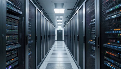 A long hallway in a data center is lined with server racks, with a door at the end. The servers are
