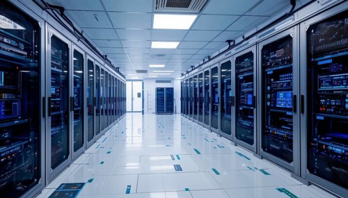 A long, well-lit server room with rows of server racks, showcasing advanced technology and data