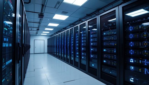A modern data center featuring rows of server racks with blinking lights, showcasing technology and