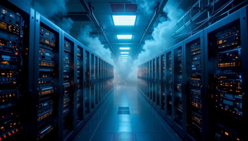 A futuristic data center with rows of servers and a dramatic atmosphere created by smoke or fog,