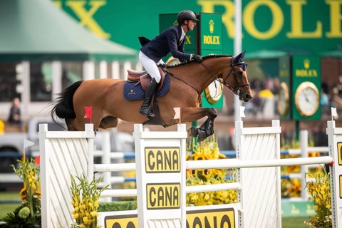 Ben Maher of Great Britain, riding Enjeu De Grisien competes in the 2025 Spruce Meadows Masters on