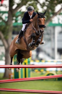 Bertram Allen of Ireland, riding Qonquest De Rigo competes in the 2025 Spruce Meadows Masters on