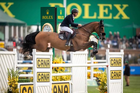 Bertram Allen of Ireland, riding Qonquest De Rigo competes in the 2025 Spruce Meadows Masters on