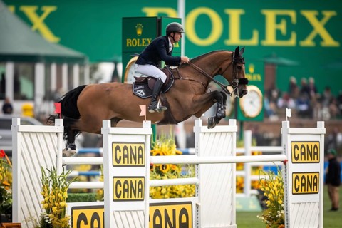 Bertram Allen of Ireland, riding Qonquest De Rigo competes in the 2025 Spruce Meadows Masters on