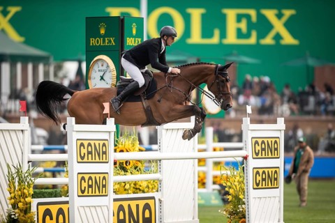 Kristaps Neretnieks of Austria, riding Valour competes in the 2025 Spruce Meadows Masters on