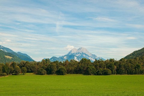 Wide green meadows with mountains in the background under a clear sky, Admont, Styria, Austria