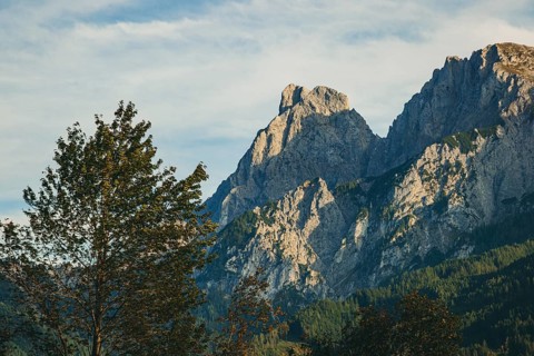 Admonter Reichenstein and Sparafeld in the sunlight, Weng im Gesäuse, Styria, Austria