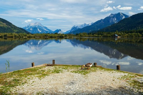 Panoramic lake reflects the surrounding mountains and the slightly cloudy sky, Admont, Styria,