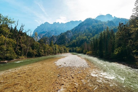 Enns with gravel bank surrounded by wooded banks, Reichenstein group in the background, Gesäuse,