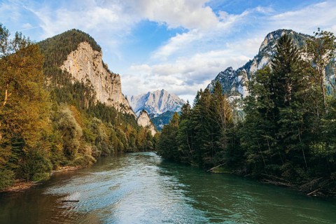 View of the Enns, Ödstein in the background, Admont, Styria, Austria