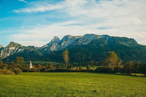 Landscape with green meadow and trees, Admonter Reichenstein group in the background, Weng im