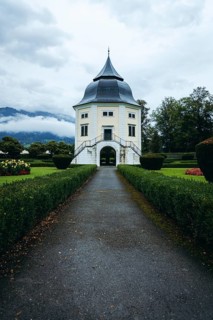 Baroque pavilion in the park of Admont Abbey under a cloudy sky, Admont, Styria, Austria