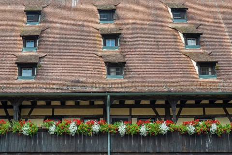 Flowers on the arcades, roof with dormer windows, Old Court, inner courtyard, UNESCO World Heritage