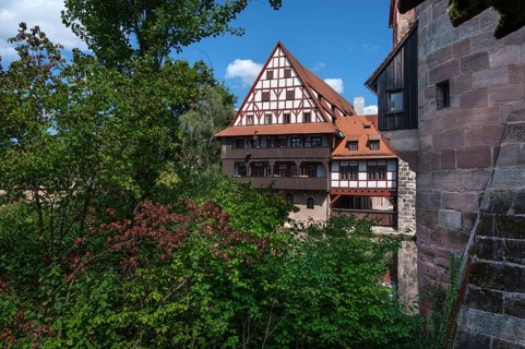 Former wine barn on the Pegnitz, built between 1446 and 1448, now a student residence, Nuremberg,