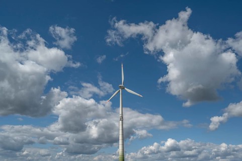 Wind turbine and cloudy sky, Karsberg, Upper Franconia, Bavaria, Germany