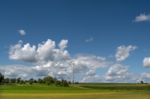 Wind turbine in Franconian landscape, cloudy sky, Karsberg, Upper Franconia, Bavaria, Germany