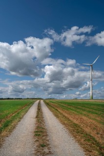 Field path and wind turbine in Franconian landscape, Karsberg, Upper Franconia, Bavaria, Germany