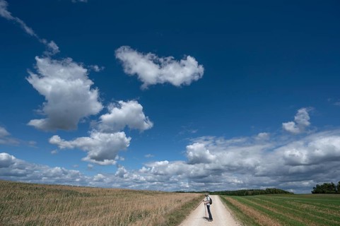 Hiker on a field path in Franconian landscape, cloudy sky, Karsberg, Upper Franconia, Bavaria,