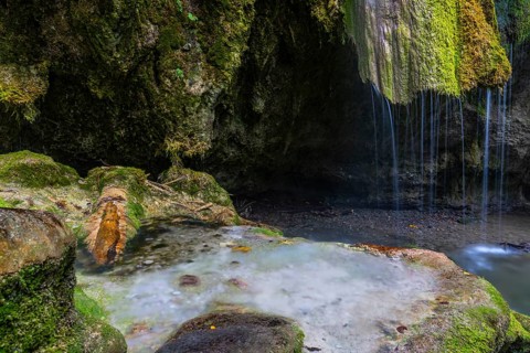 Sinterstein with mosses, Hinanger waterfalls, gorge, rock, limestone, Hinang, Fischen, Allgäu Alps,
