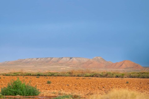 Landscape of fields and mountains in the dessert, Belchite, Aragon, Saragossa, Spain