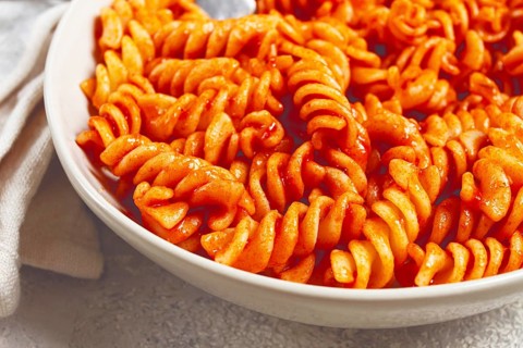 Fusilli pasta dish, made with tomato sauce, homemade, no people