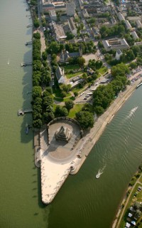 Aerial view, Rhine, Moselle, Deutsches Eck, with monument Kaiser Wilhelm, Koblenz,
