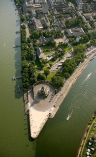 Aerial view, Rhine, Moselle, Deutsches Eck, with monument Kaiser Wilhelm, Koblenz,