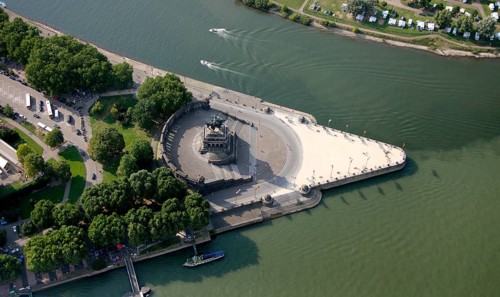 Aerial view, Rhine, Moselle, Deutsches Eck, with monument Kaiser Wilhelm, Koblenz,