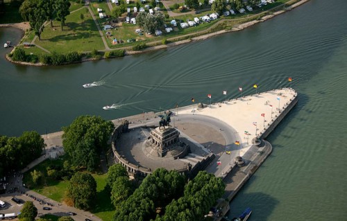 Aerial view, Rhine, Moselle, Deutsches Eck, with monument Kaiser Wilhelm, Koblenz,