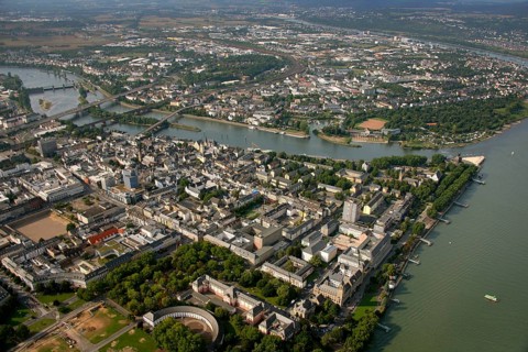 Aerial view, Rhine, Moselle, Deutsches Eck, with monument Kaiser Wilhelm, Koblenz,