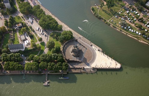 Aerial view, Rhine, Moselle, Deutsches Eck, with monument Kaiser Wilhelm, Koblenz,