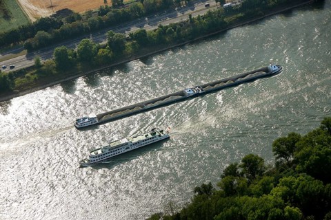 Aerial view, Rhine, cargo ship, inland navigation, passenger ship, excursion steamer, Koblenz,
