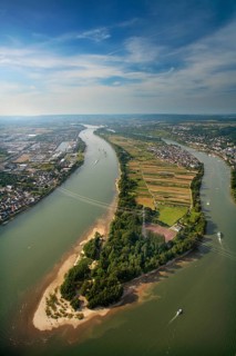 Aerial view, Rhine, Rhine island Niederwerth, Koblenz, Rhineland-Palatinate, Germany, Europe Aerial