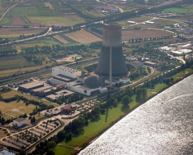 Aerial view, Rhine, Mülheim Kärlich nuclear power plant, Koblenz, Rhineland-Palatinate, Germany,