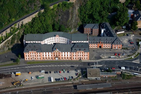 Aerial view, Rhine, Castle below Ehrenbreitstein Fortress, Koblenz, Rhineland-Palatinate, Germany,