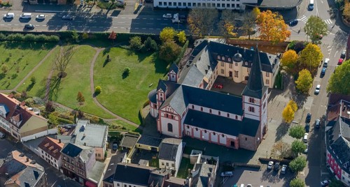 Aerial view, Church of St Peter, late Romanesque basilica with three naves, Merzig, Saarland,