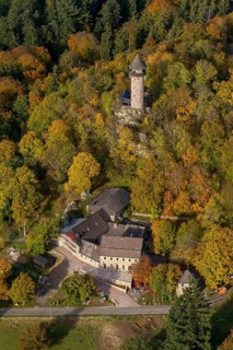 Aerial view, Wildenburg castle ruins in the Wildenburg nature reserve near Kempfeld in the Idarwald