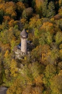 Aerial view, Wildenburg castle ruins in the Wildenburg nature reserve near Kempfeld in the Idarwald