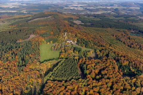 Aerial view, Wildenburg castle ruins in the Wildenburg nature reserve near Kempfeld in the Idarwald