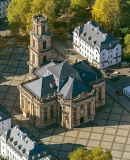 Baroque Ludwigskirche, Ludwigsplatz, Saarbrücken, Saarland, Germany, Europe, aerial view,