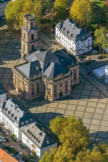 Baroque Ludwigskirche, Ludwigsplatz, Saarbrücken, Saarland, Germany, Europe, aerial view,