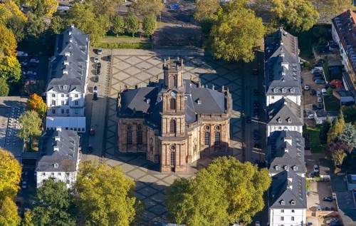Baroque Ludwigskirche, Ludwigsplatz, Saarbrücken, Saarland, Germany, Europe, aerial view,